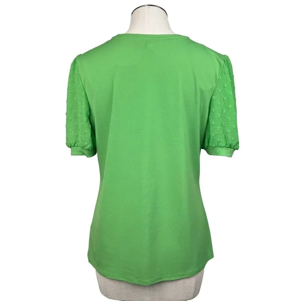 Carmen‎ Womens Blouse Large Green Sheer Puff Sleeve Mixed Media Stretch Knit Top - Picture 4 of 10